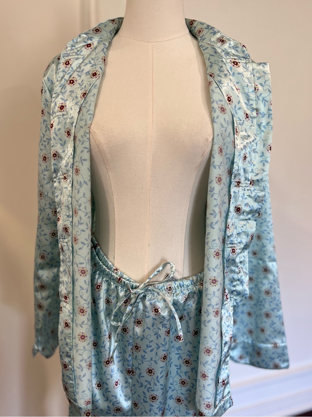 Vintage Y2K Ice Blue Satin Floral Frog Closure Mandarin Collar Pajama Set M - Picture 5 of 7